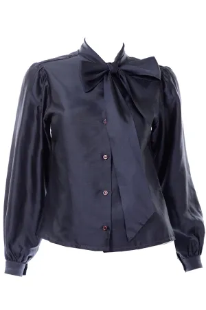 1970s Vintage Halston Blue Blouse With Sash Bow