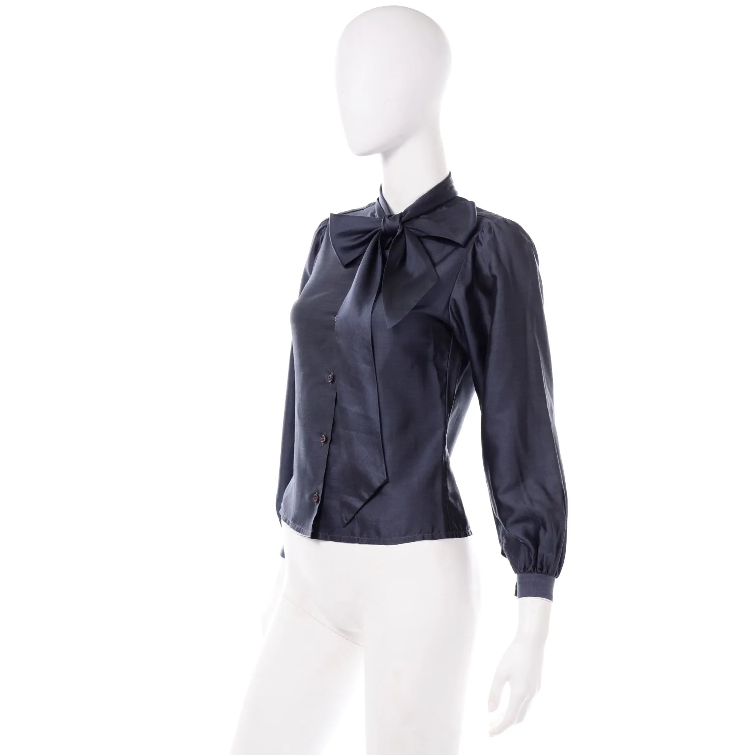 1970s Vintage Halston Blue Blouse With Sash Bow