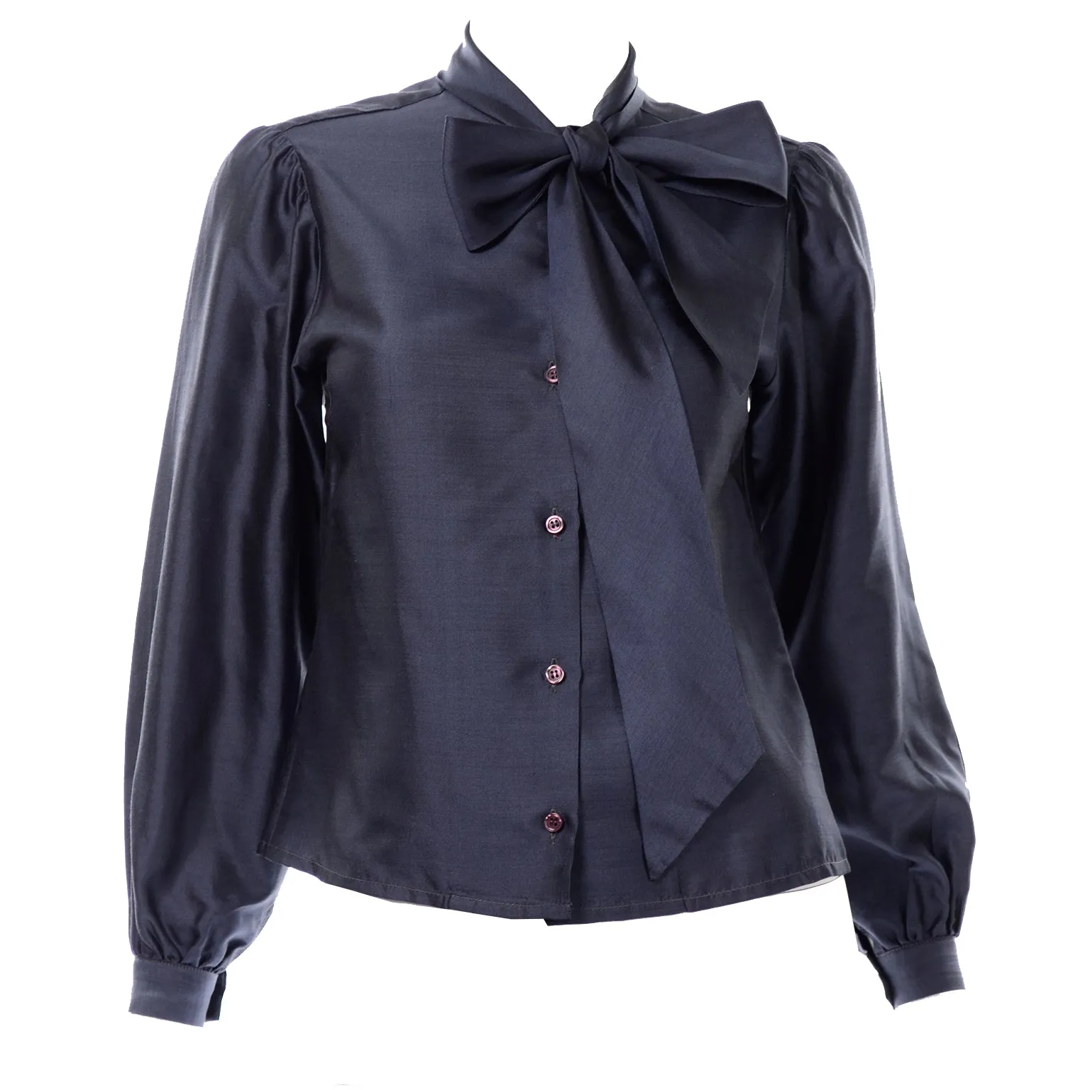 1970s Vintage Halston Blue Blouse With Sash Bow