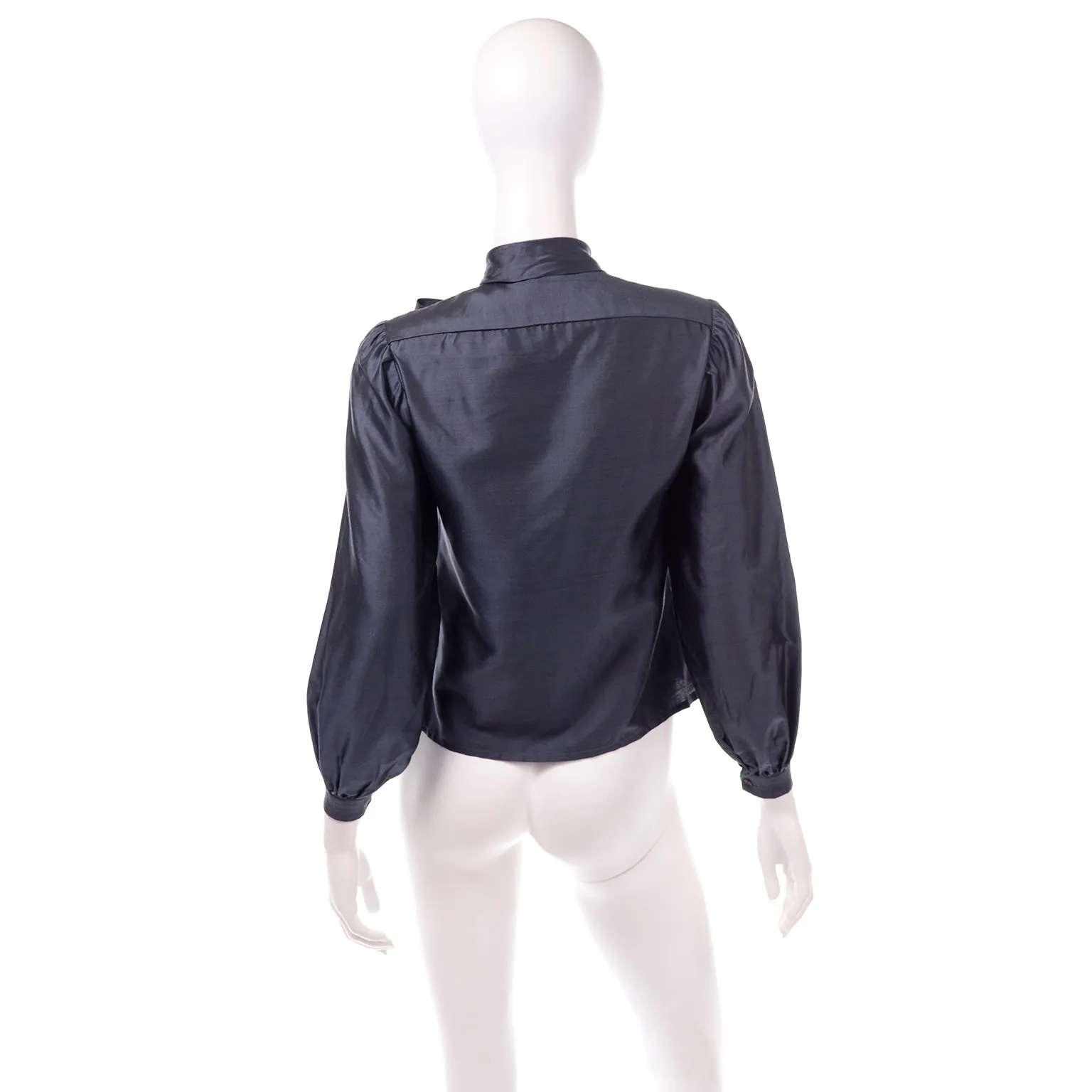 1970s Vintage Halston Blue Blouse With Sash Bow