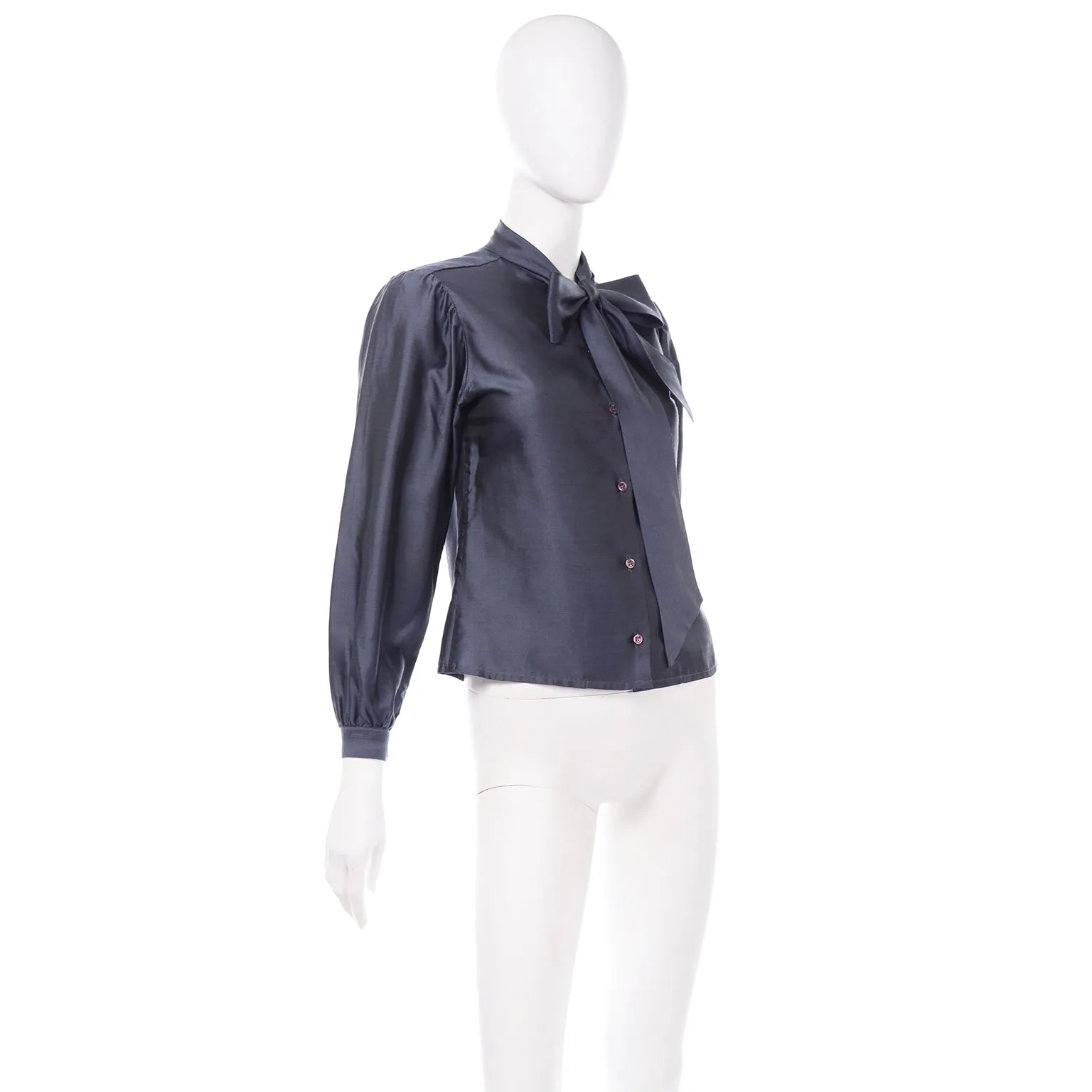 1970s Vintage Halston Blue Blouse With Sash Bow