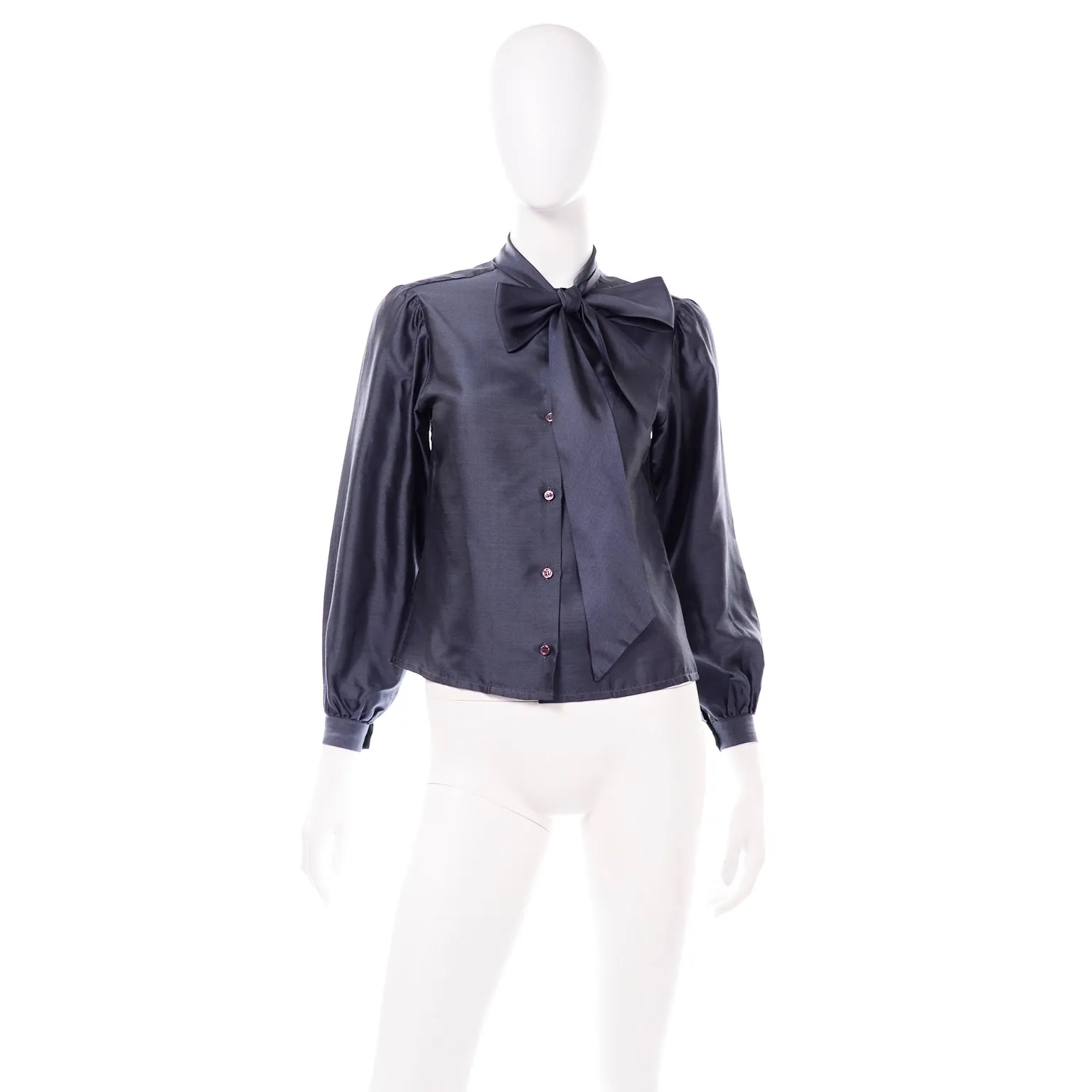 1970s Vintage Halston Blue Blouse With Sash Bow