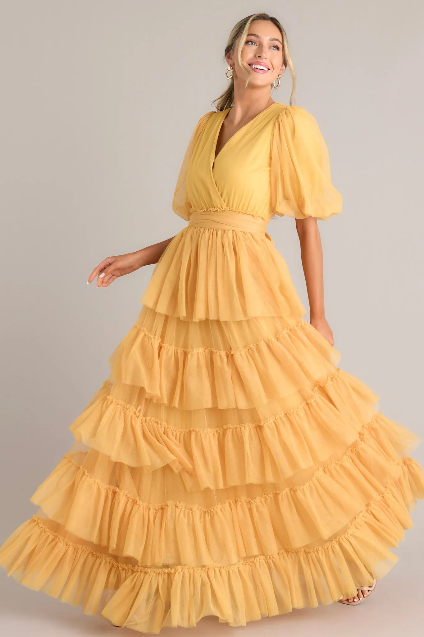 A Beautiful Feeling Yellow Tiered Tulle Maxi Dress