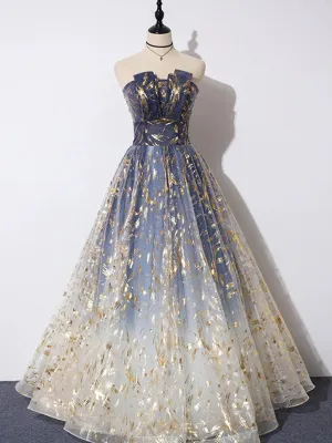 A-Line Strapless Tulle Long Prom Dresses, Long Tulle Formal Evening Dresses