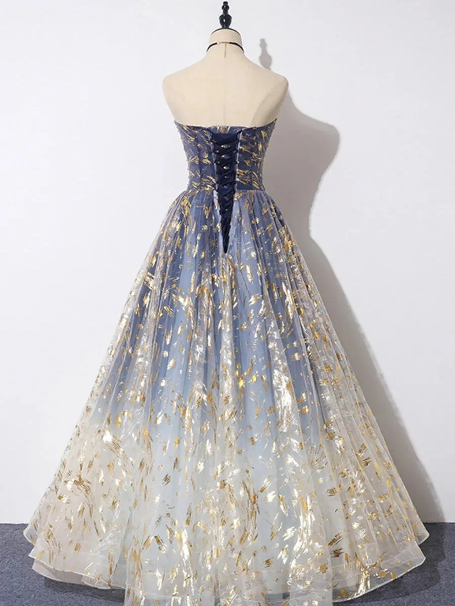 A-Line Strapless Tulle Long Prom Dresses, Long Tulle Formal Evening Dresses