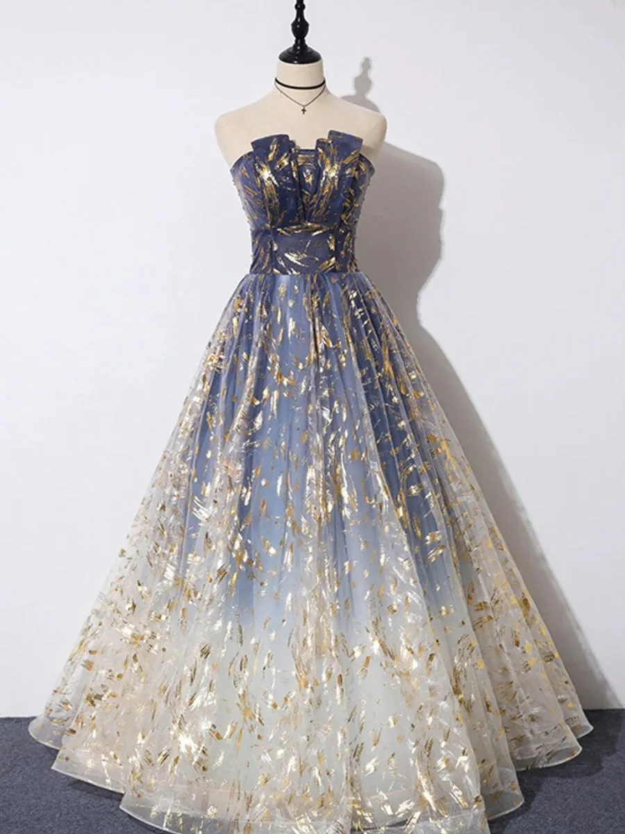 A-Line Strapless Tulle Long Prom Dresses, Long Tulle Formal Evening Dresses