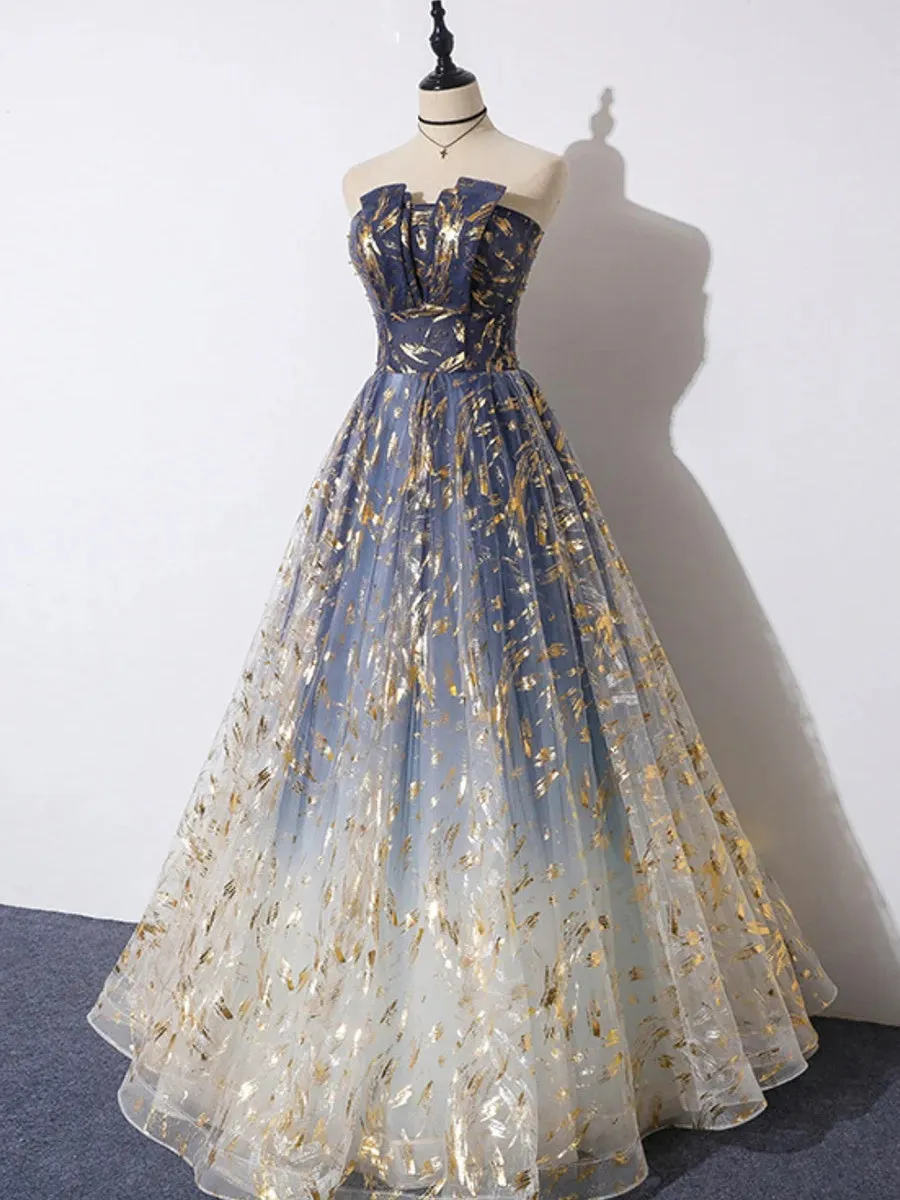 A-Line Strapless Tulle Long Prom Dresses, Long Tulle Formal Evening Dresses