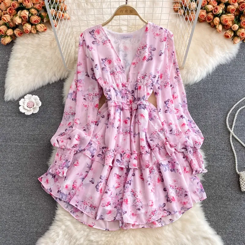 Autumn Fairy V Neck Ruffled Floral Chiffon Dress 1391