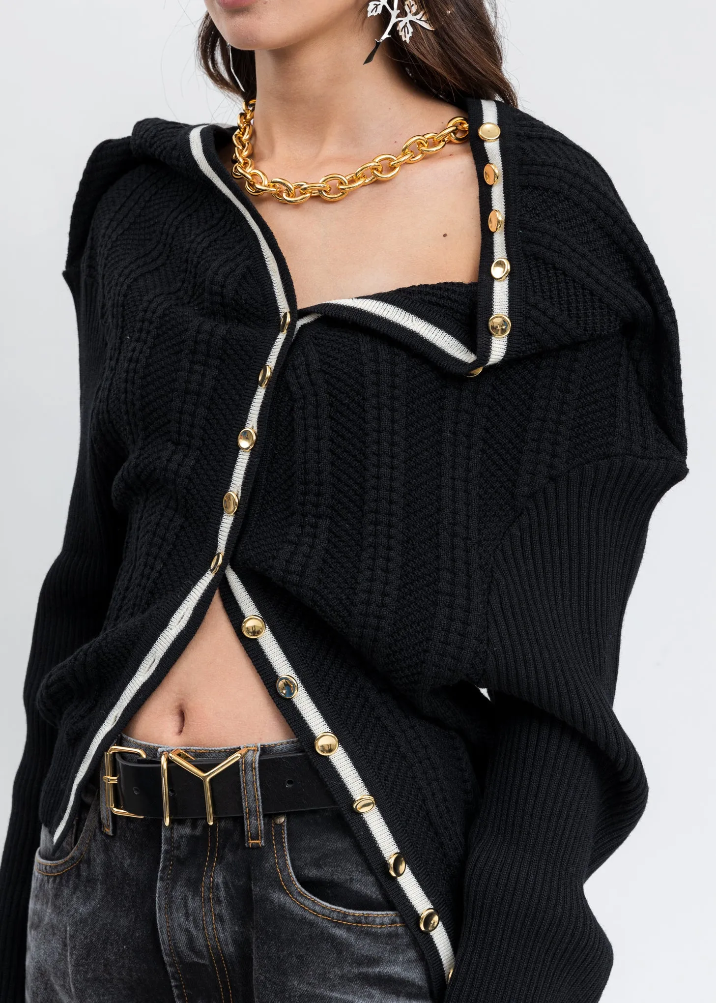 Black CLASSIC RUFFLE NECKLACE CARDIGAN
