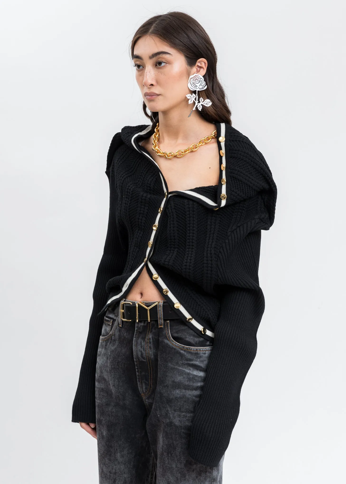 Black CLASSIC RUFFLE NECKLACE CARDIGAN