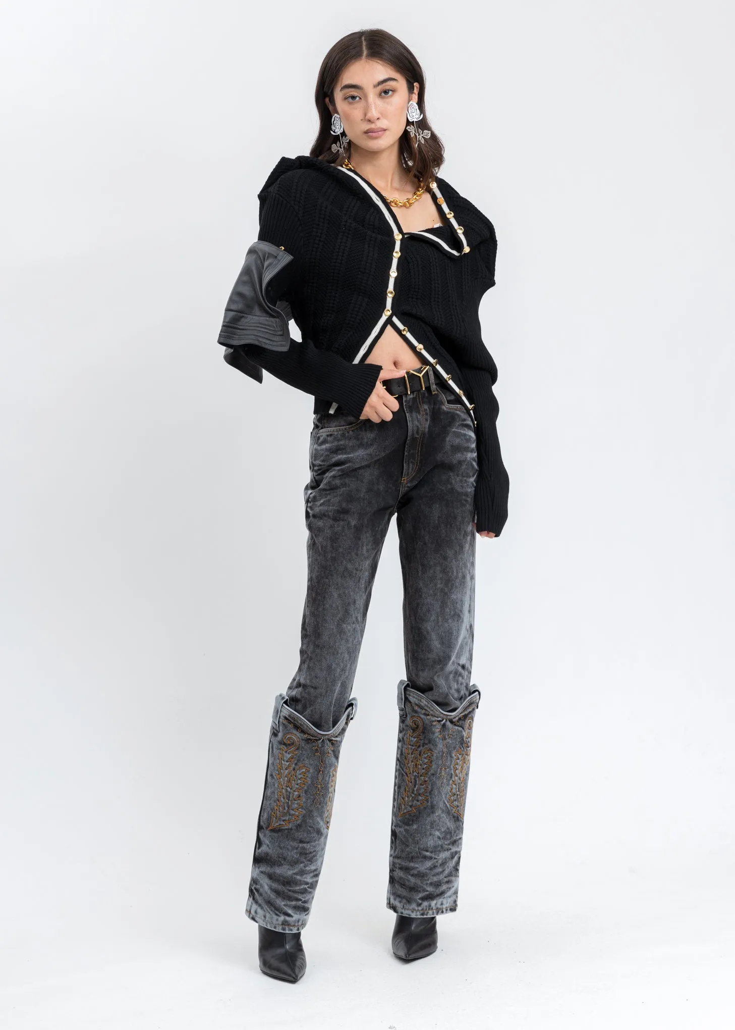 Black CLASSIC RUFFLE NECKLACE CARDIGAN