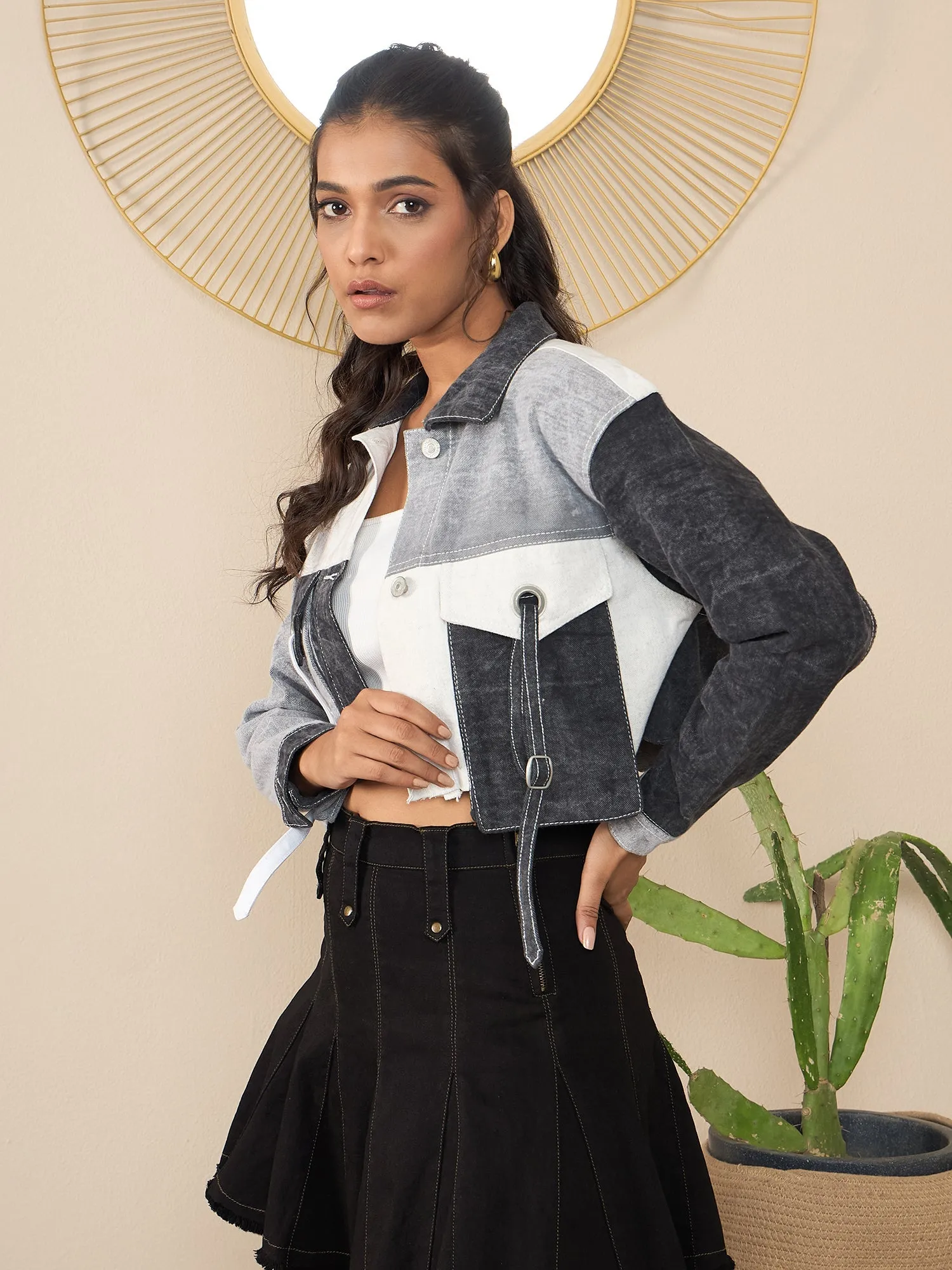 Black Denim Color Blocking Patchwork Detail Crop Jacket