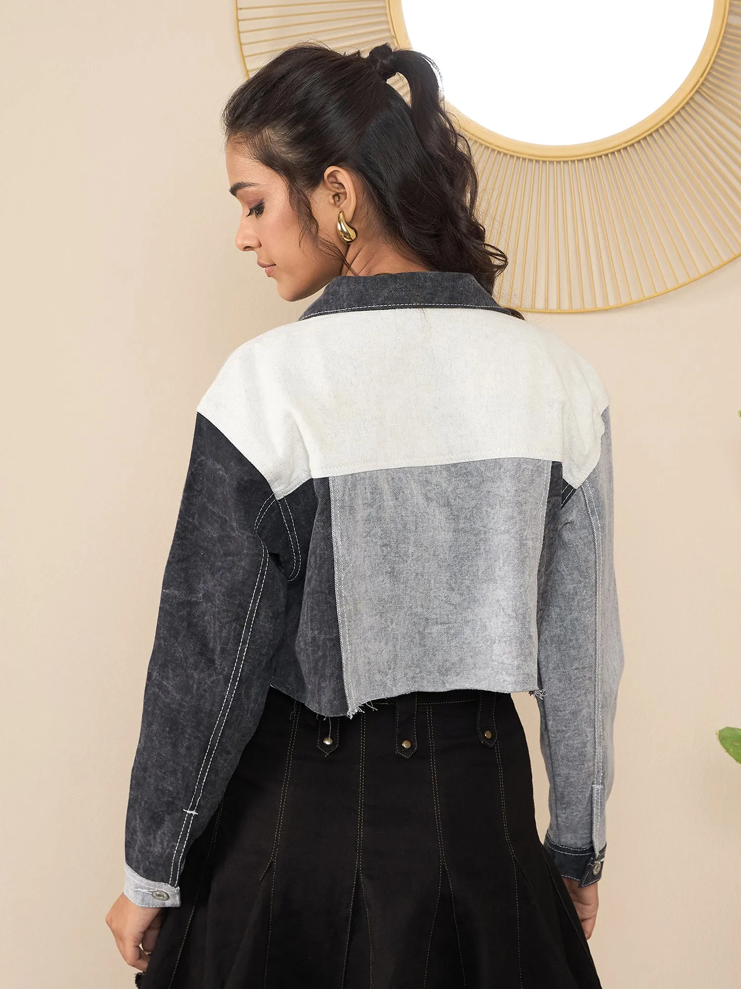 Black Denim Color Blocking Patchwork Detail Crop Jacket