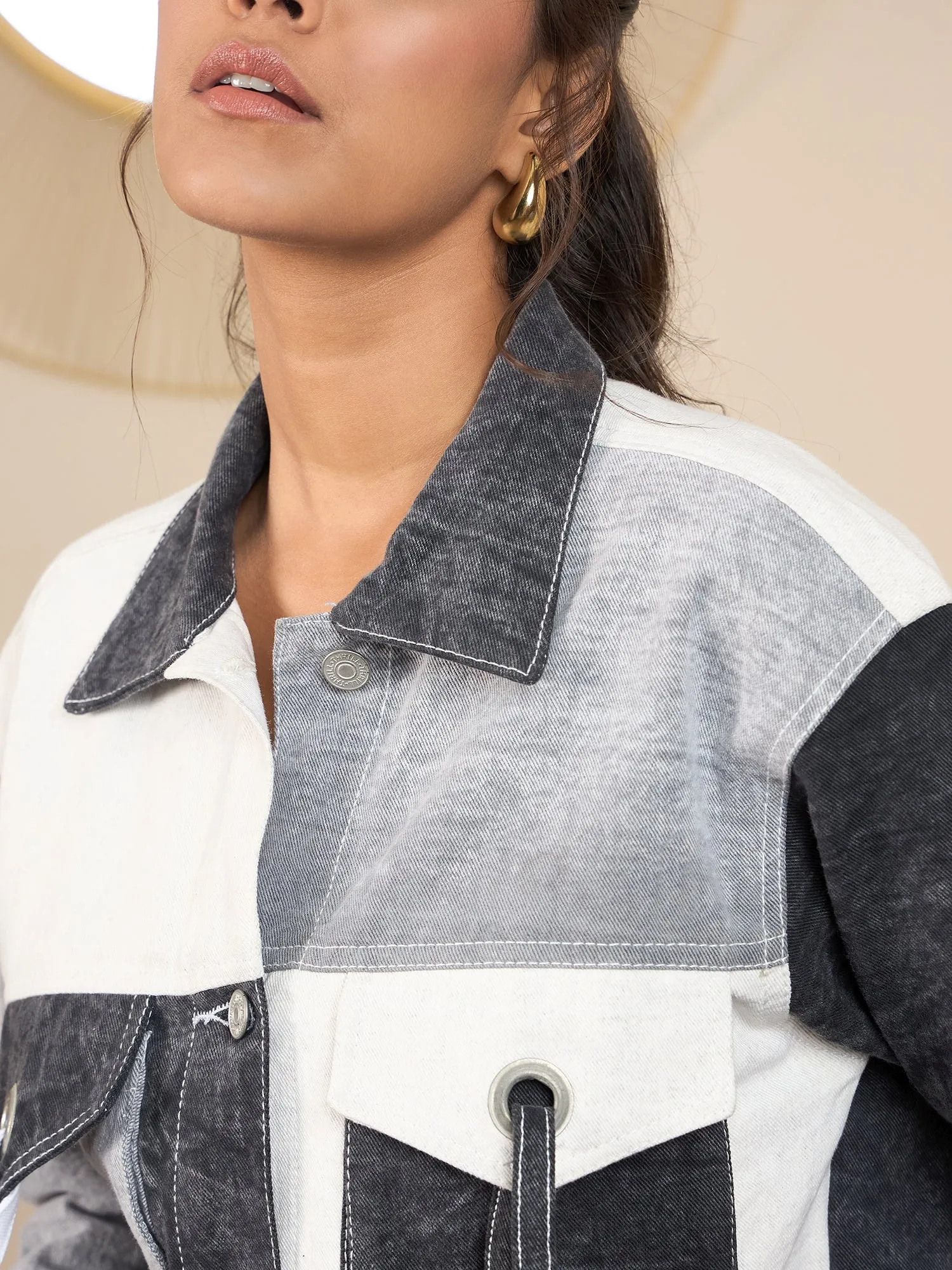 Black Denim Color Blocking Patchwork Detail Crop Jacket