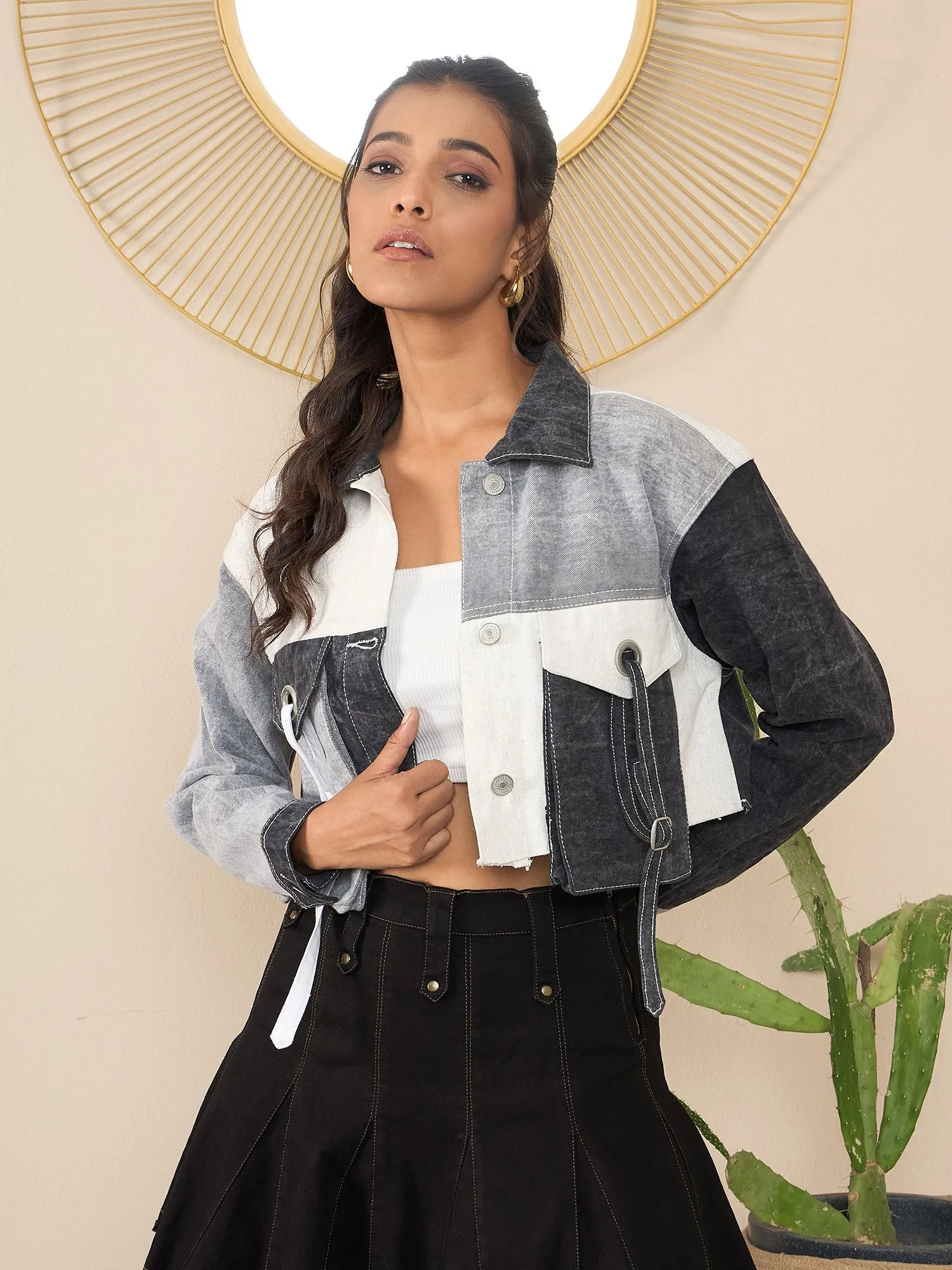 Black Denim Color Blocking Patchwork Detail Crop Jacket