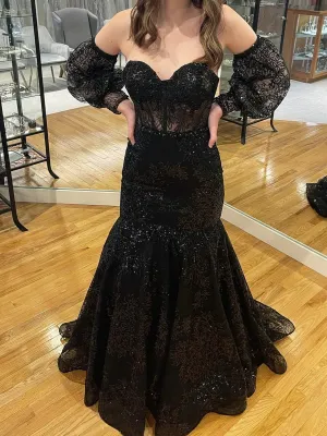 Black Light Blue Lace Mermaid Prom Dresses, Black Light Blue Lace Mermaid Formal Evening Dresses