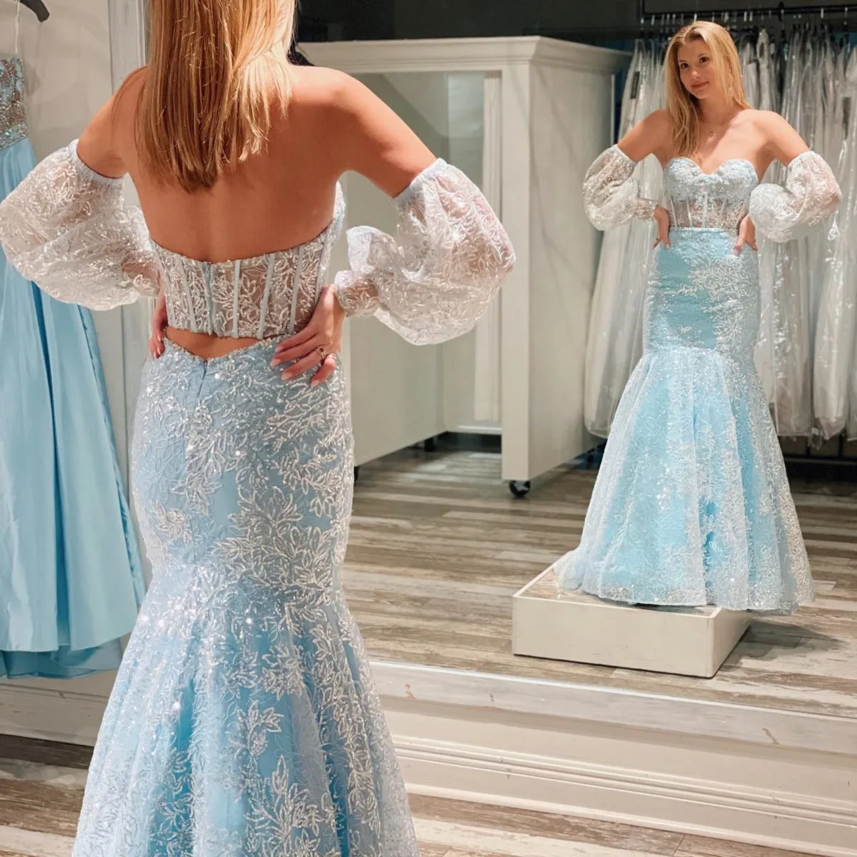 Black Light Blue Lace Mermaid Prom Dresses, Black Light Blue Lace Mermaid Formal Evening Dresses
