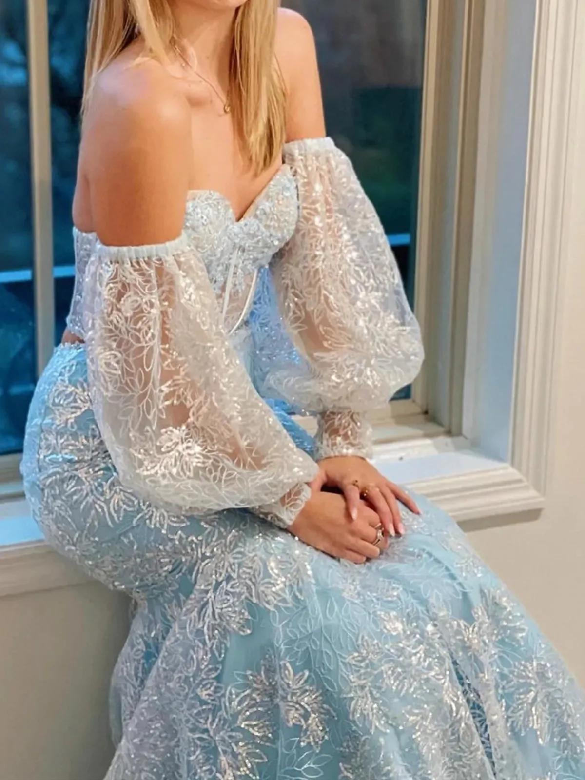 Black Light Blue Lace Mermaid Prom Dresses, Black Light Blue Lace Mermaid Formal Evening Dresses