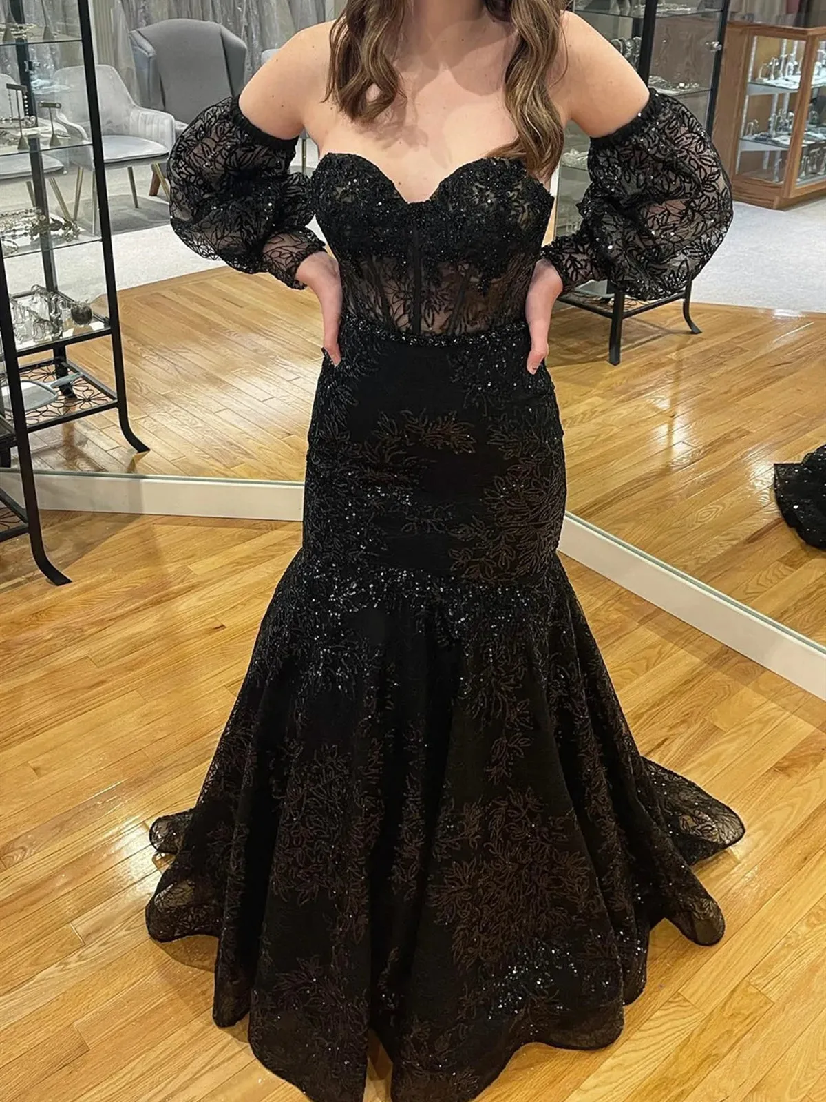 Black Light Blue Lace Mermaid Prom Dresses, Black Light Blue Lace Mermaid Formal Evening Dresses