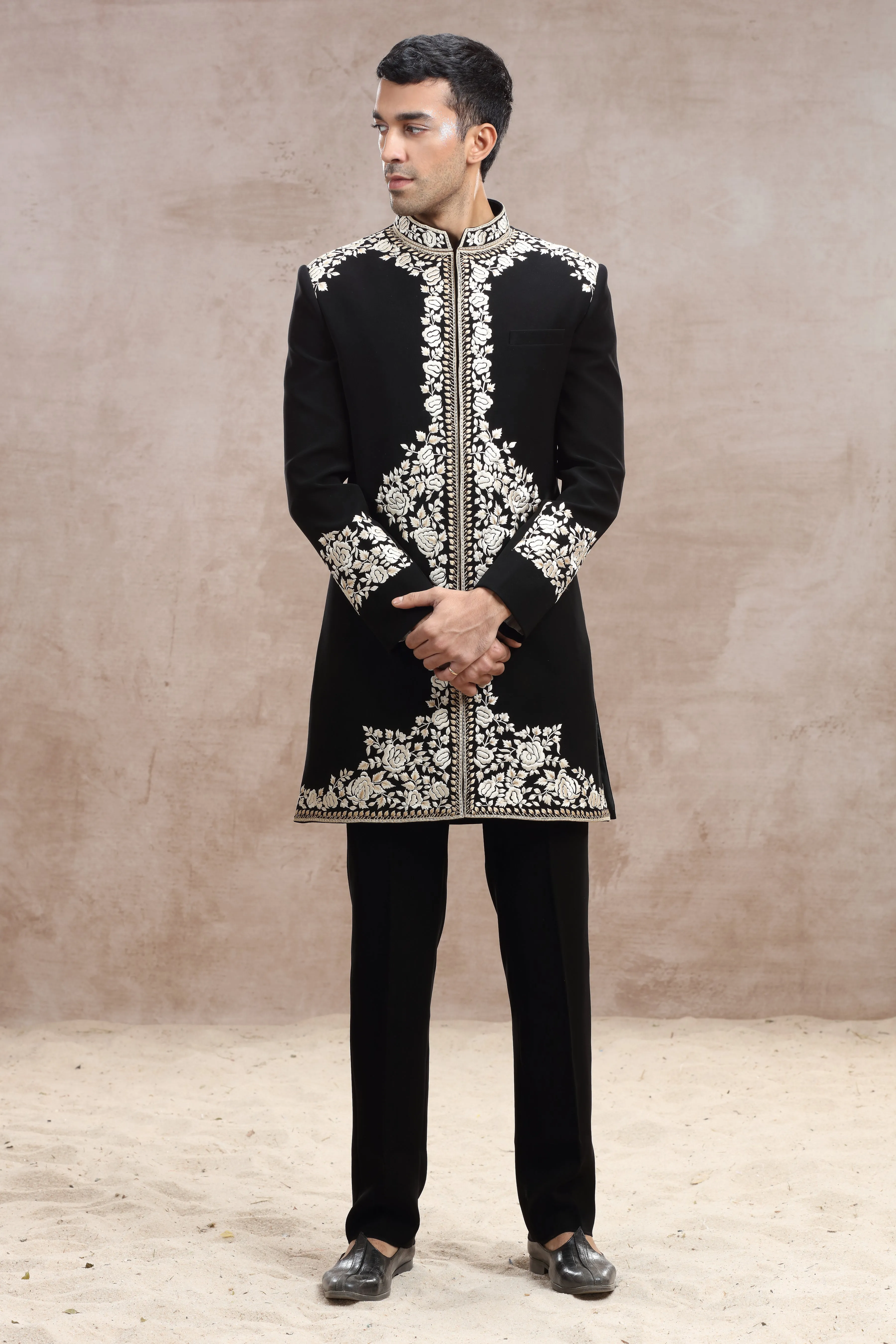 Black Silk Sherwani with Elegant Thread Work