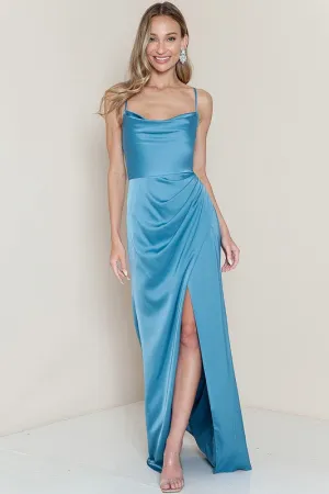 Blue Cowl Neck Satin Shirring Slit Side Maxi Dress