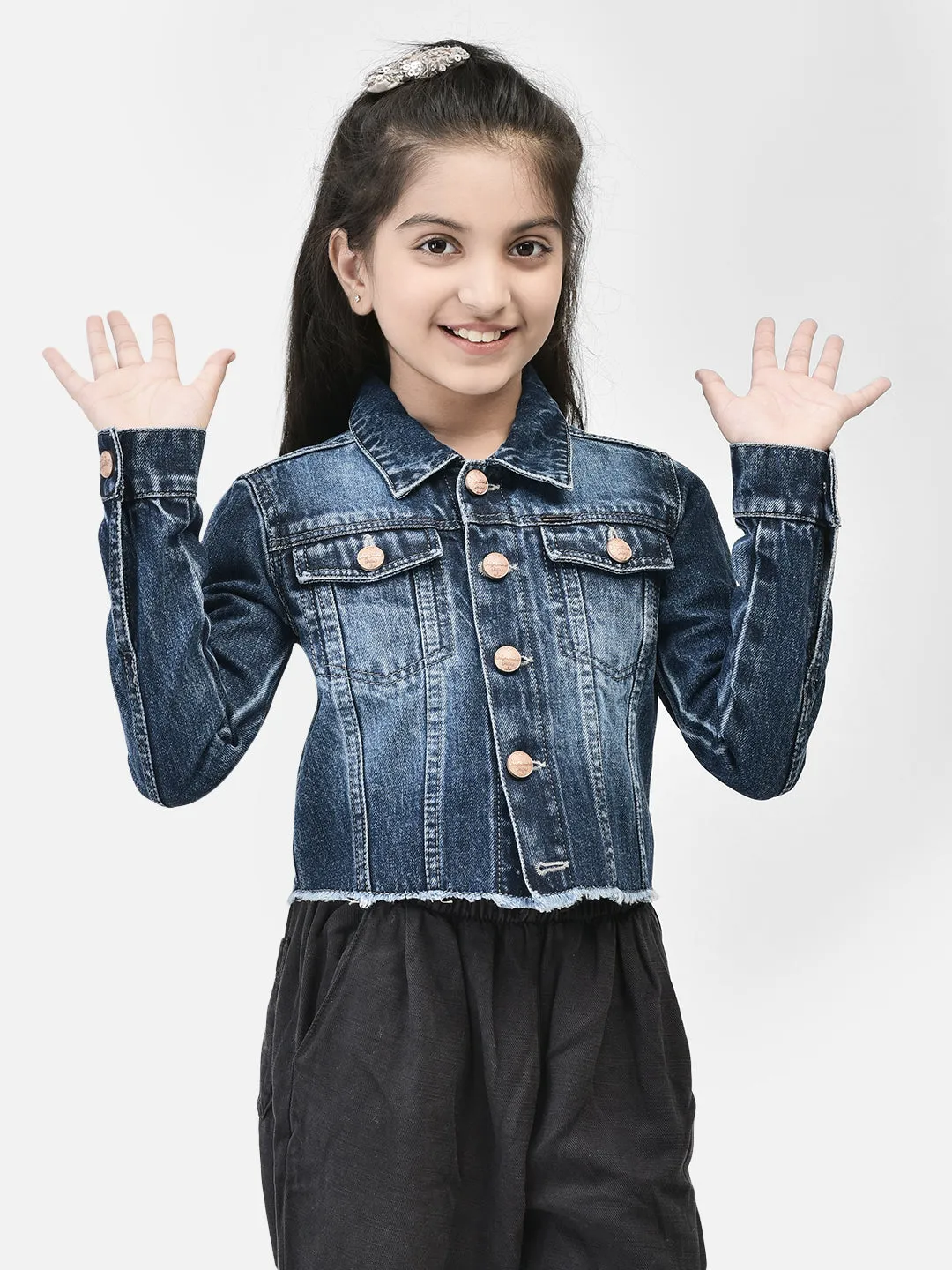 Blue Crop Length Denim Jacket