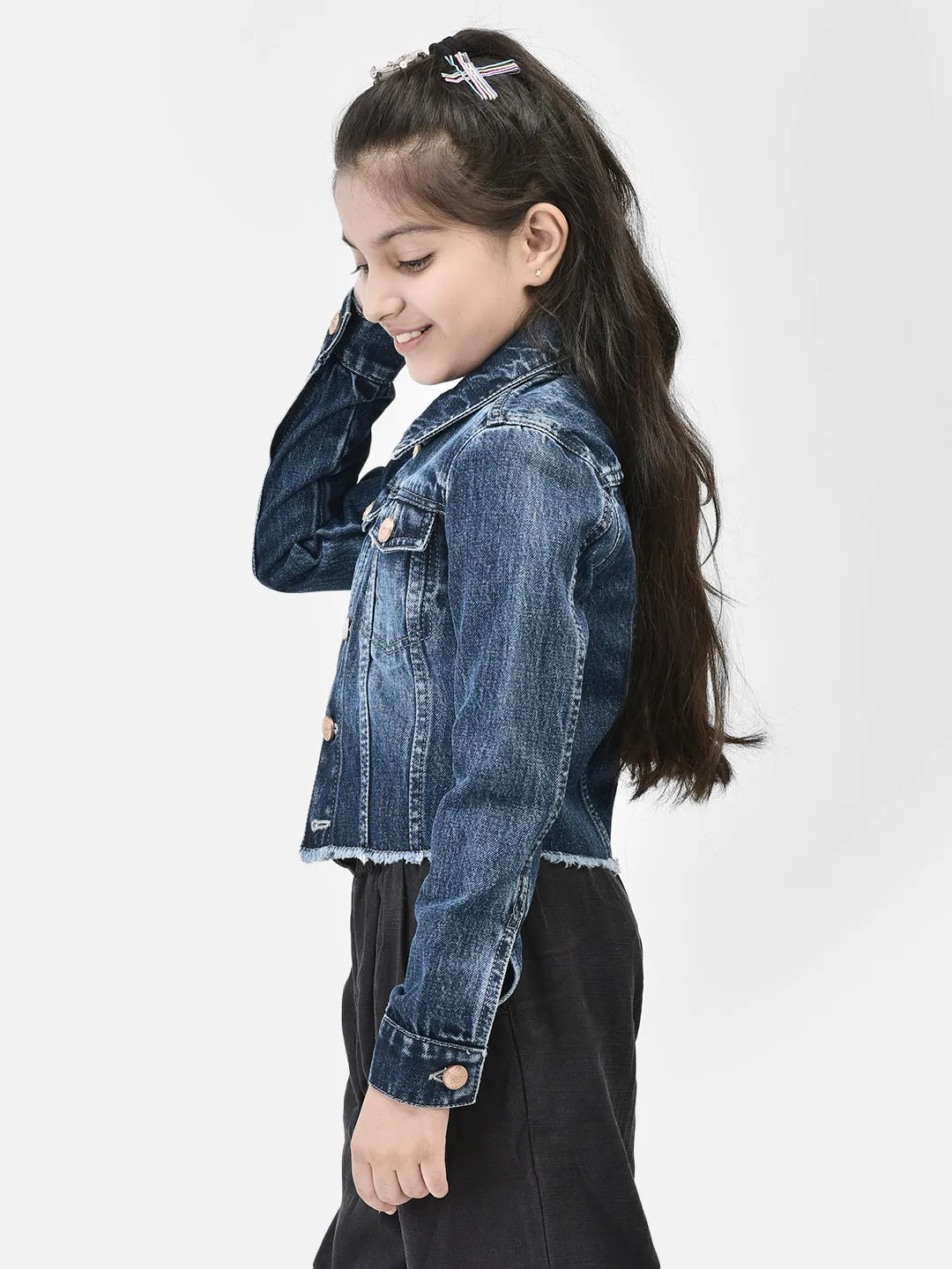 Blue Crop Length Denim Jacket