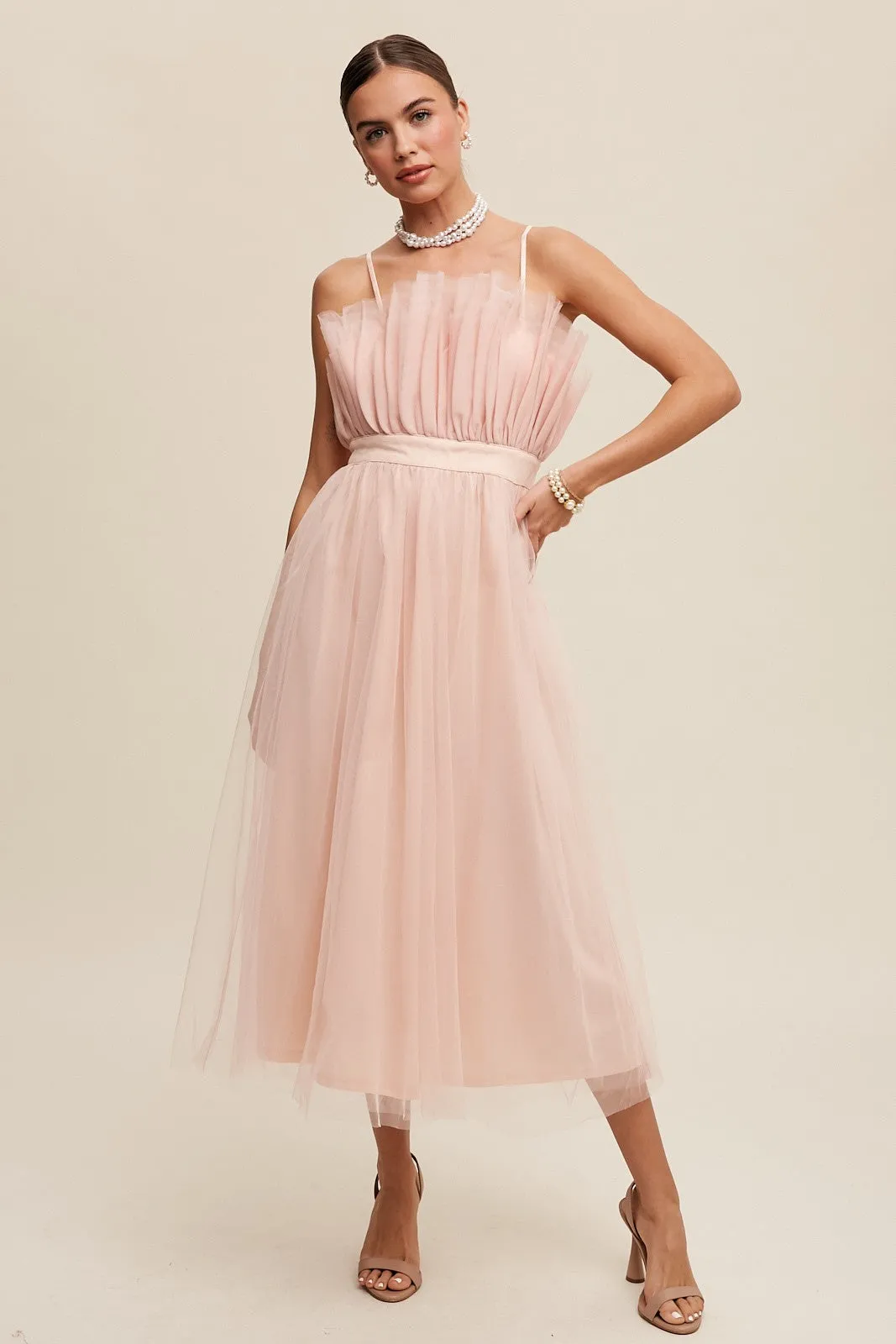 Blush Paper Bag Frill Tulle Maxi Dress