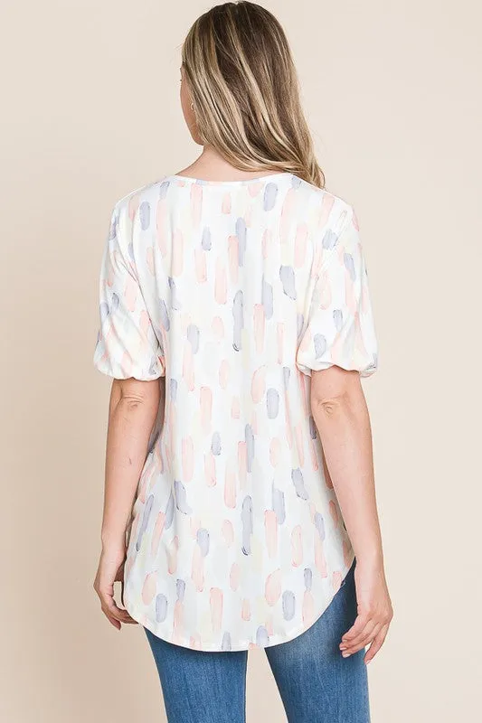 BOMBOM Round Neck Puff Short Sleeve Blouse