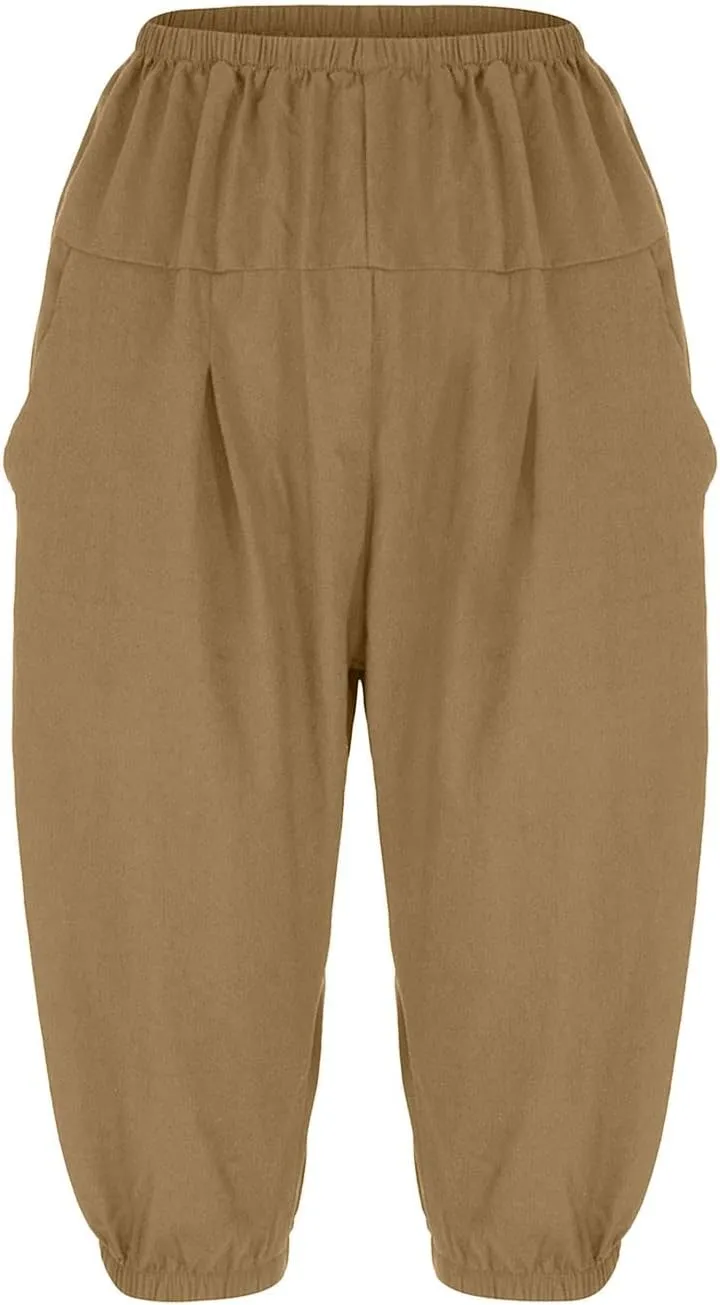 BZGTZT Linen Pants for Women High Waisted Wide Leg Capris Summer Casual Elastic High Waist Cropped Trousers with Pockets