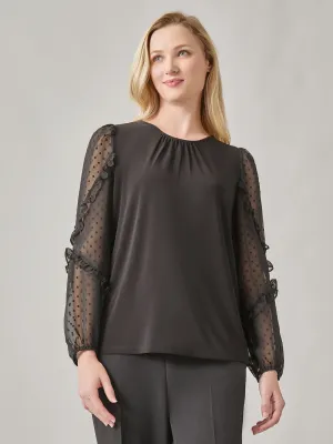 Clip Dot Sleeve Shirred Neck Blouse