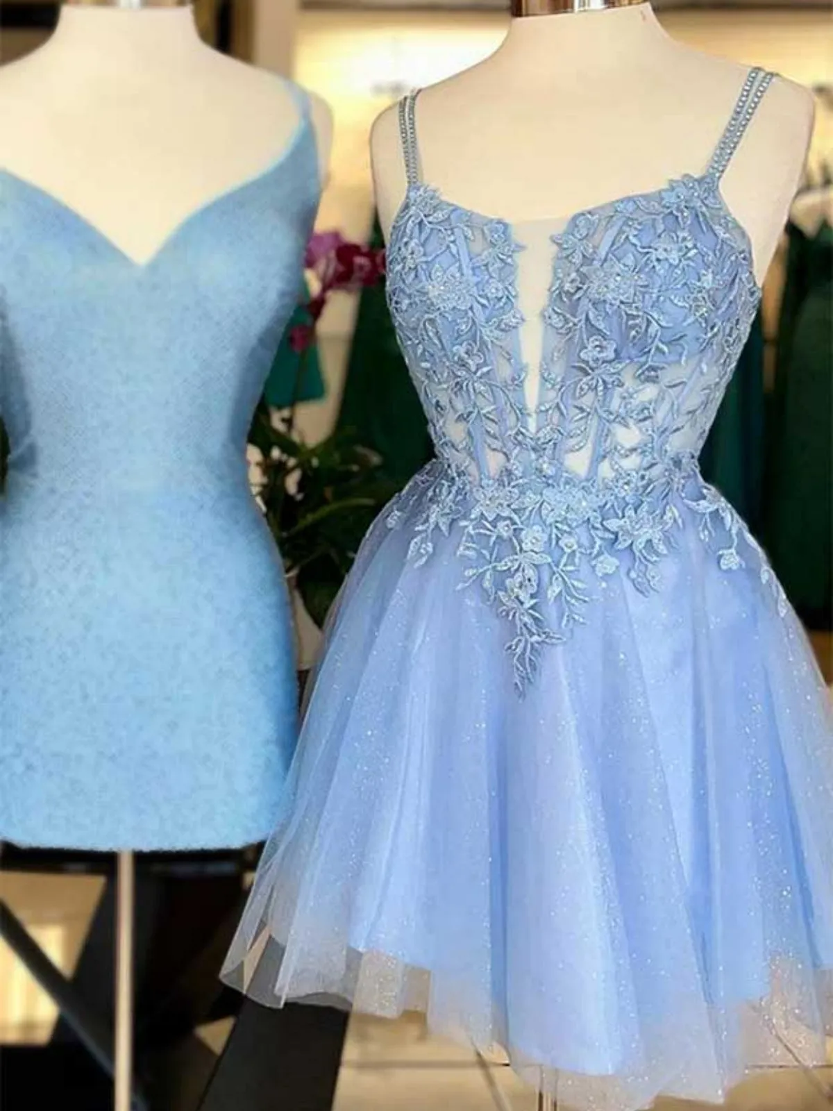 Cute V Neck Light Blue/Fuchsia Lace Prom Dresses, Light Blue/Fuchsia Lace Homecoming Dresses, Short Light Blue/Fuchsia Formal Evening Dresses