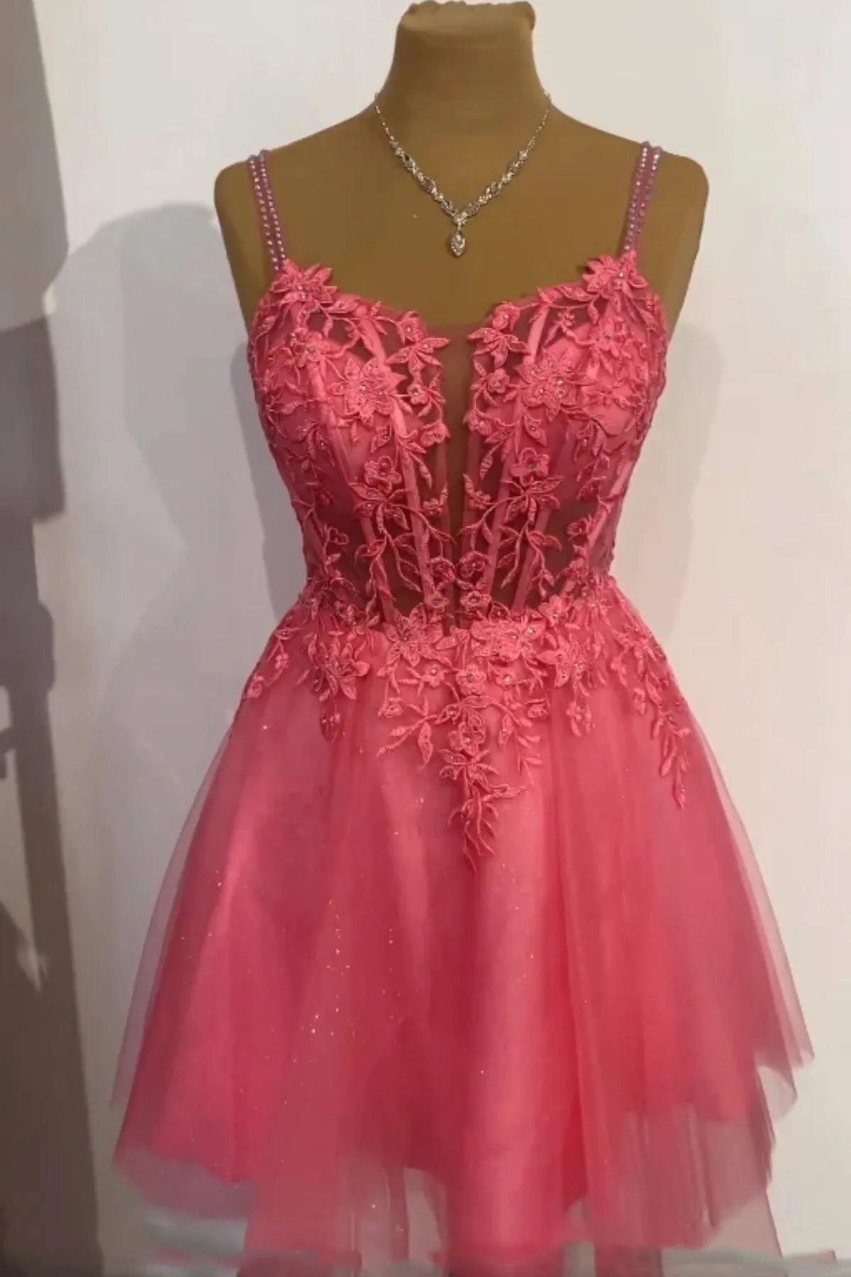Cute V Neck Light Blue/Fuchsia Lace Prom Dresses, Light Blue/Fuchsia Lace Homecoming Dresses, Short Light Blue/Fuchsia Formal Evening Dresses