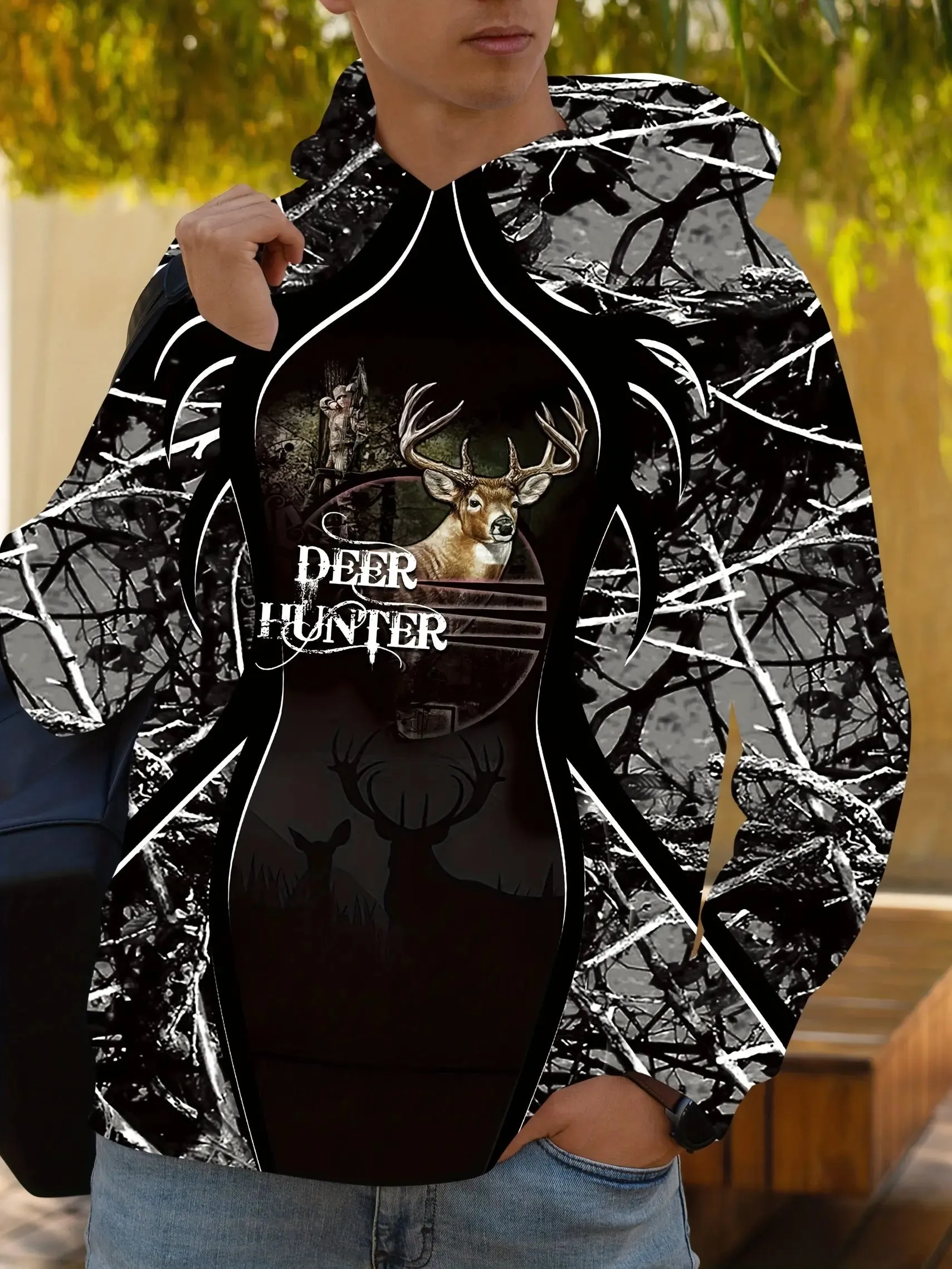 Deer Hunter Print Hoodie, Cool Hoodies For Men