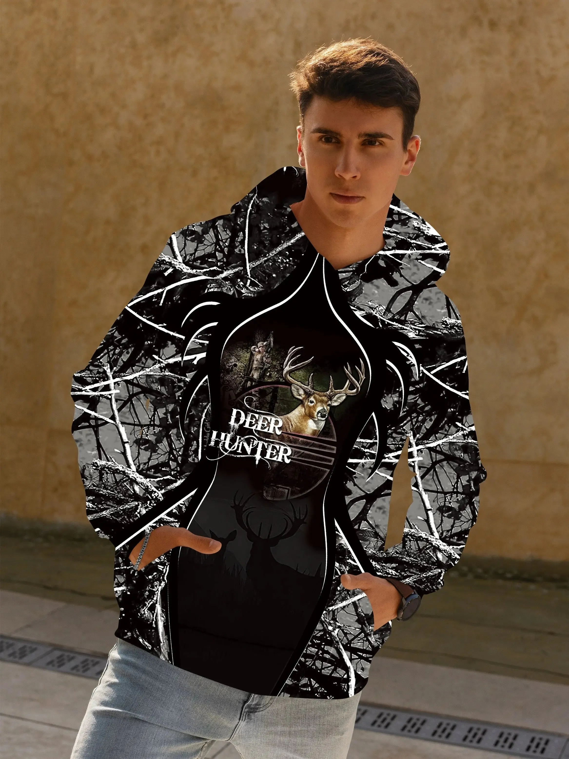 Deer Hunter Print Hoodie, Cool Hoodies For Men