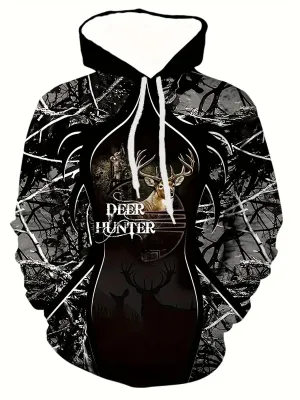 Deer Hunter Print Hoodie, Cool Hoodies For Men
