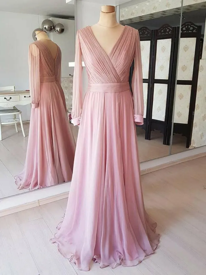 Dusty Rose Cheap Modest Mother of the Bride Dresses Long Sleeves Prom Dresses APD3501