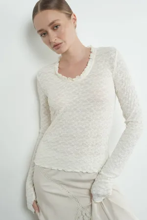 Elegant Cream Lace Long-Sleeve Top with Ruffle Details and U-Neckline