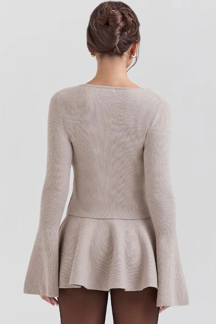 Elegant Faux Pearl Button Up Bell Sleeve Slim Ribbed Knit Crop Cardigan