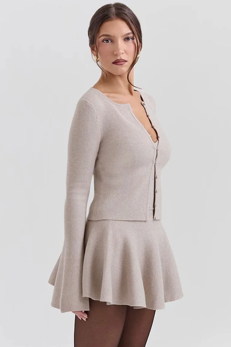 Elegant Faux Pearl Button Up Bell Sleeve Slim Ribbed Knit Crop Cardigan