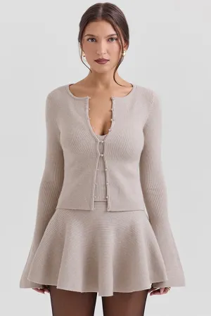 Elegant Faux Pearl Button Up Bell Sleeve Slim Ribbed Knit Crop Cardigan