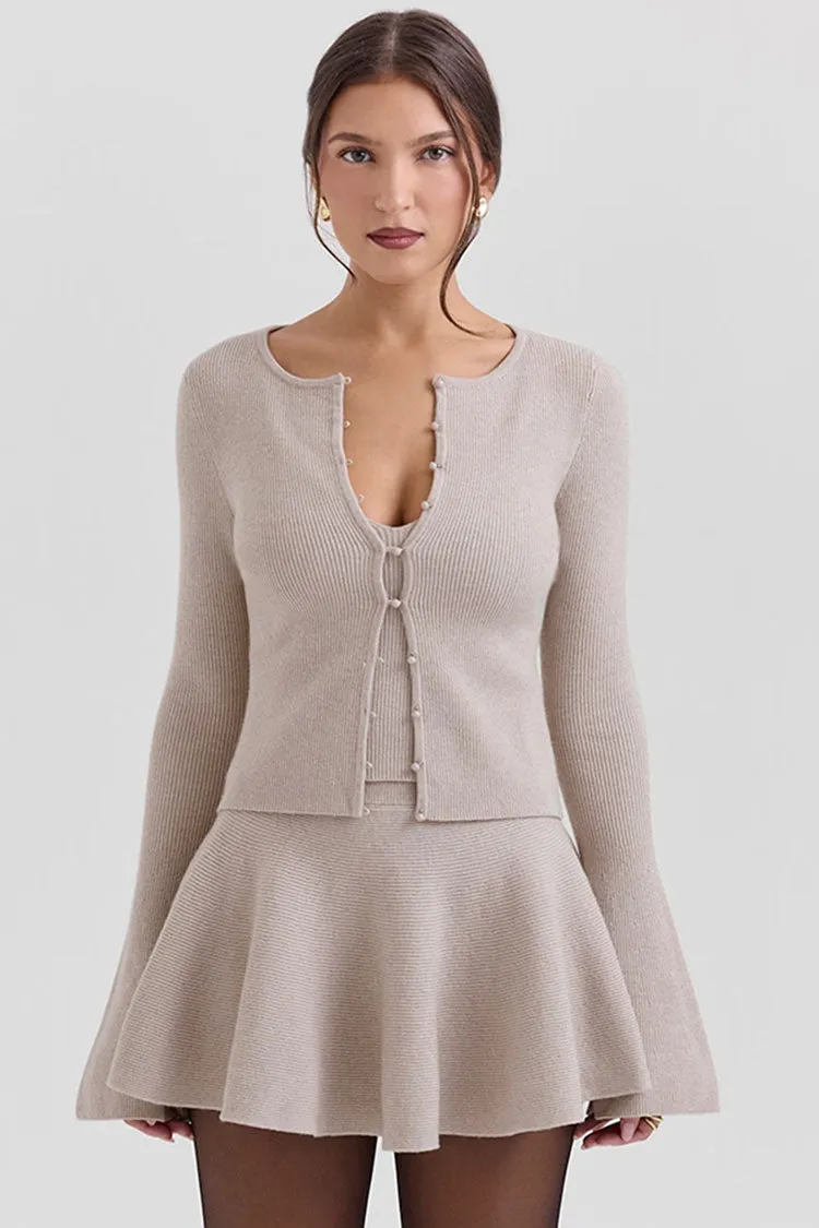 Elegant Faux Pearl Button Up Bell Sleeve Slim Ribbed Knit Crop Cardigan