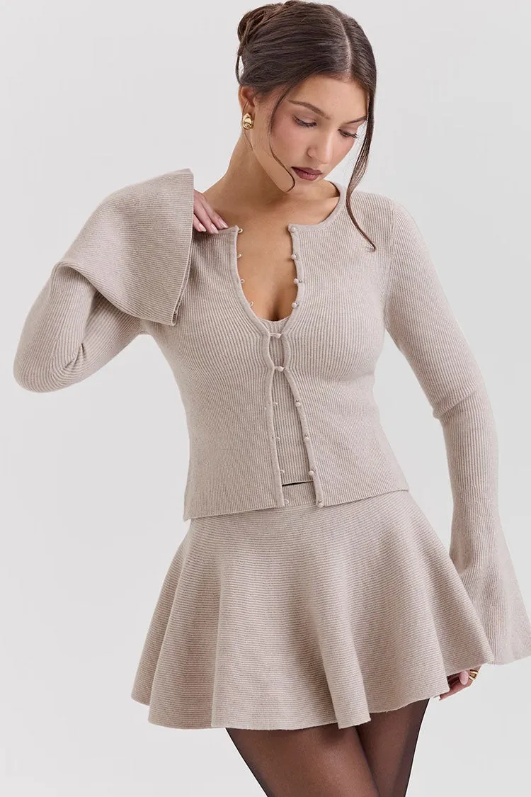 Elegant Faux Pearl Button Up Bell Sleeve Slim Ribbed Knit Crop Cardigan