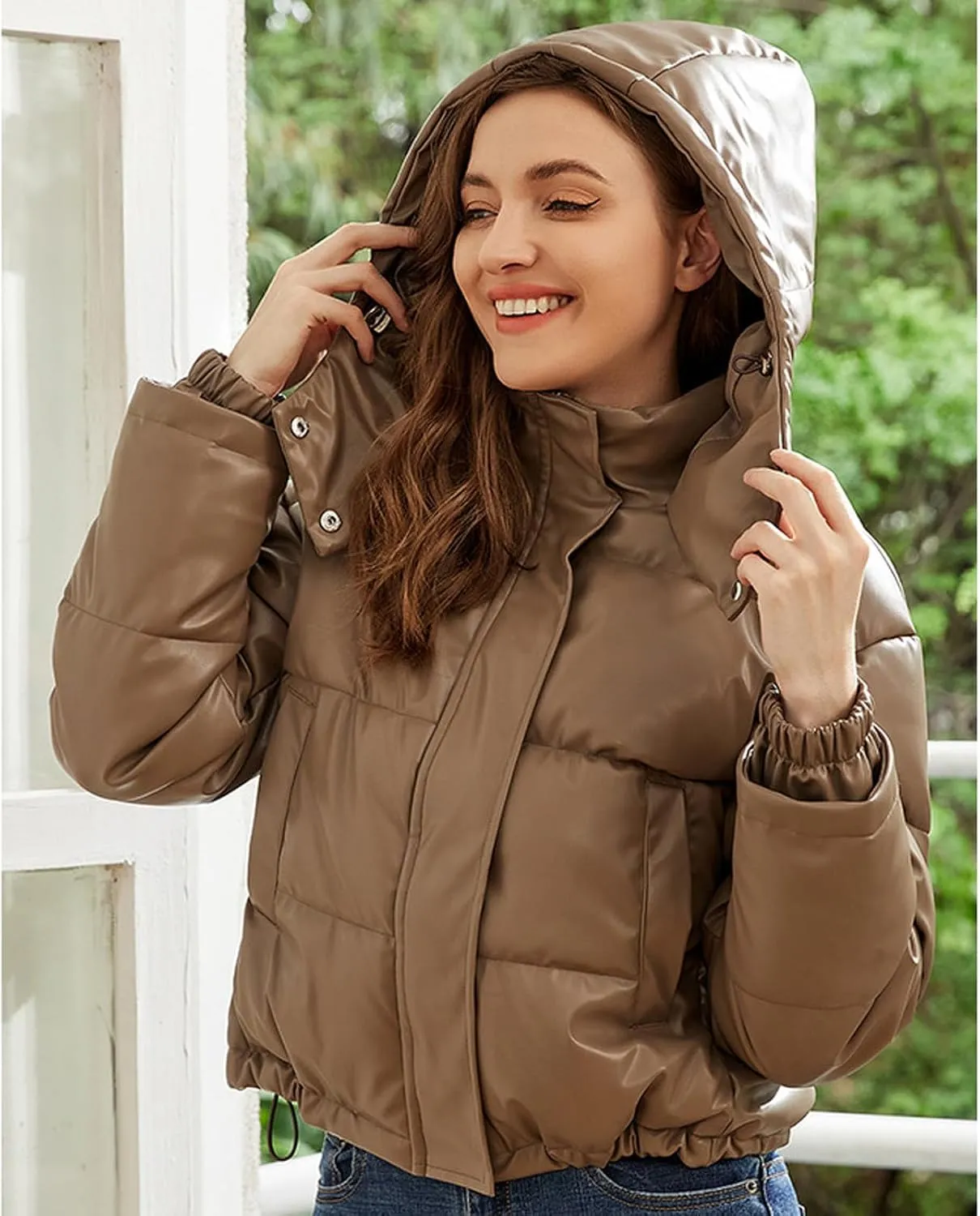 Faux Leather Puffer Jacket for Women Winter Zipper Bubble Coat Quilted Padded Cotton Snap Outerwear with Hood