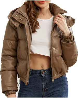 Faux Leather Puffer Jacket for Women Winter Zipper Bubble Coat Quilted Padded Cotton Snap Outerwear with Hood