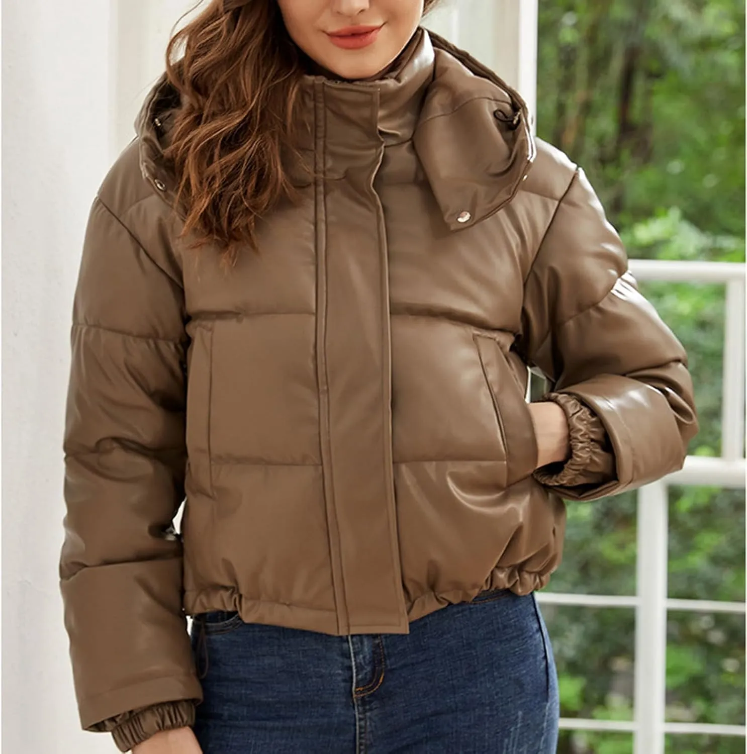 Faux Leather Puffer Jacket for Women Winter Zipper Bubble Coat Quilted Padded Cotton Snap Outerwear with Hood