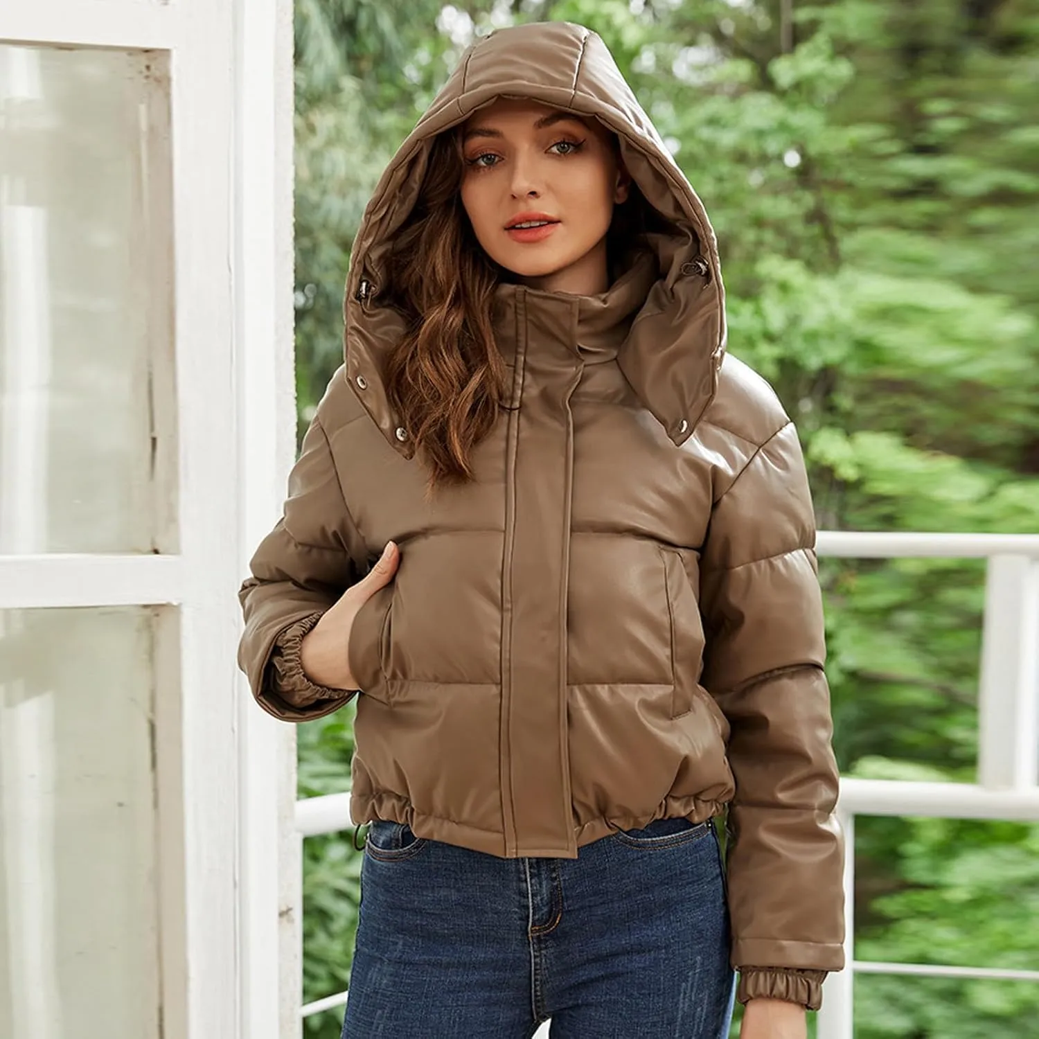 Faux Leather Puffer Jacket for Women Winter Zipper Bubble Coat Quilted Padded Cotton Snap Outerwear with Hood