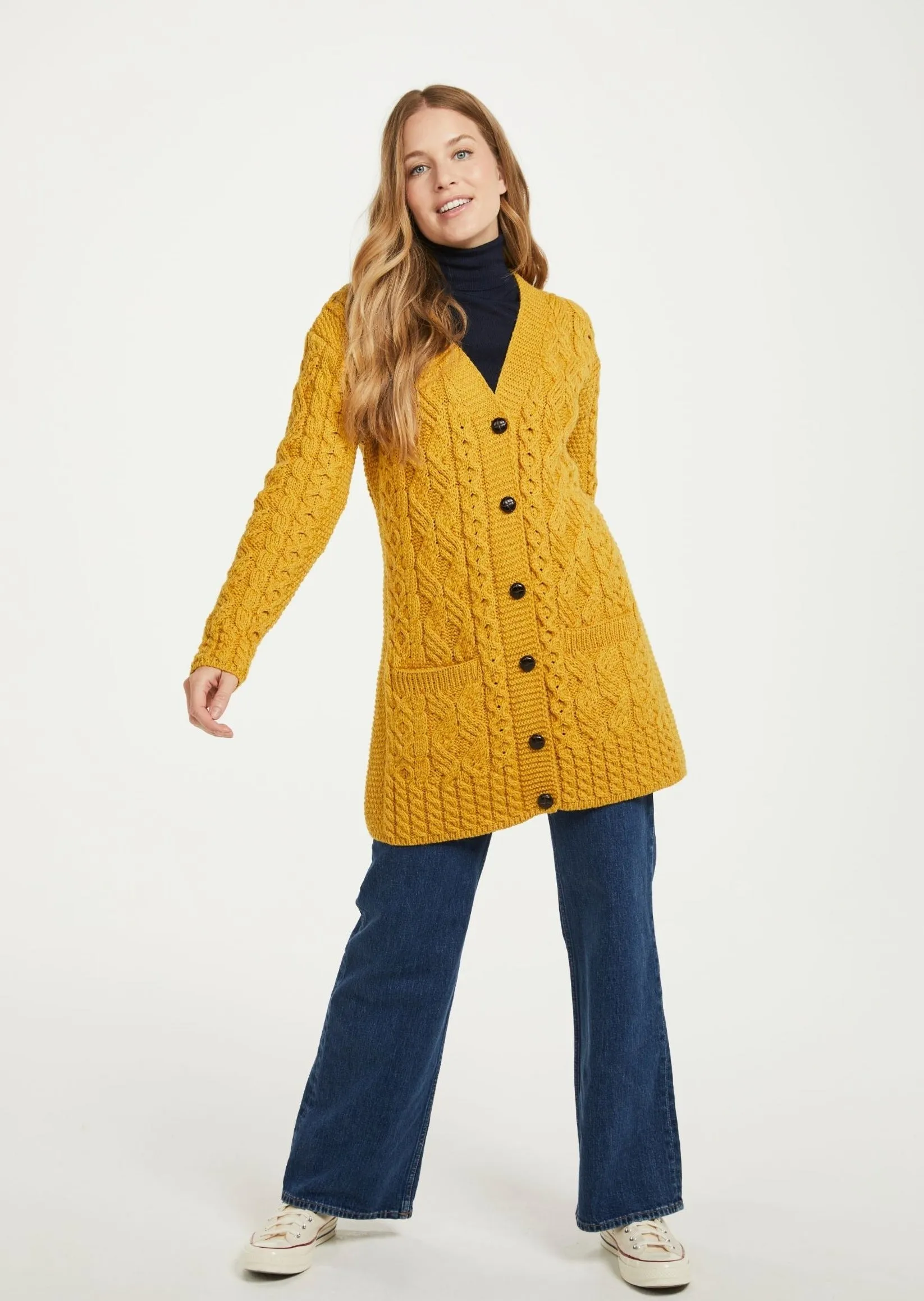 Glebe Aran Long Line Cardigan | Sunflower
