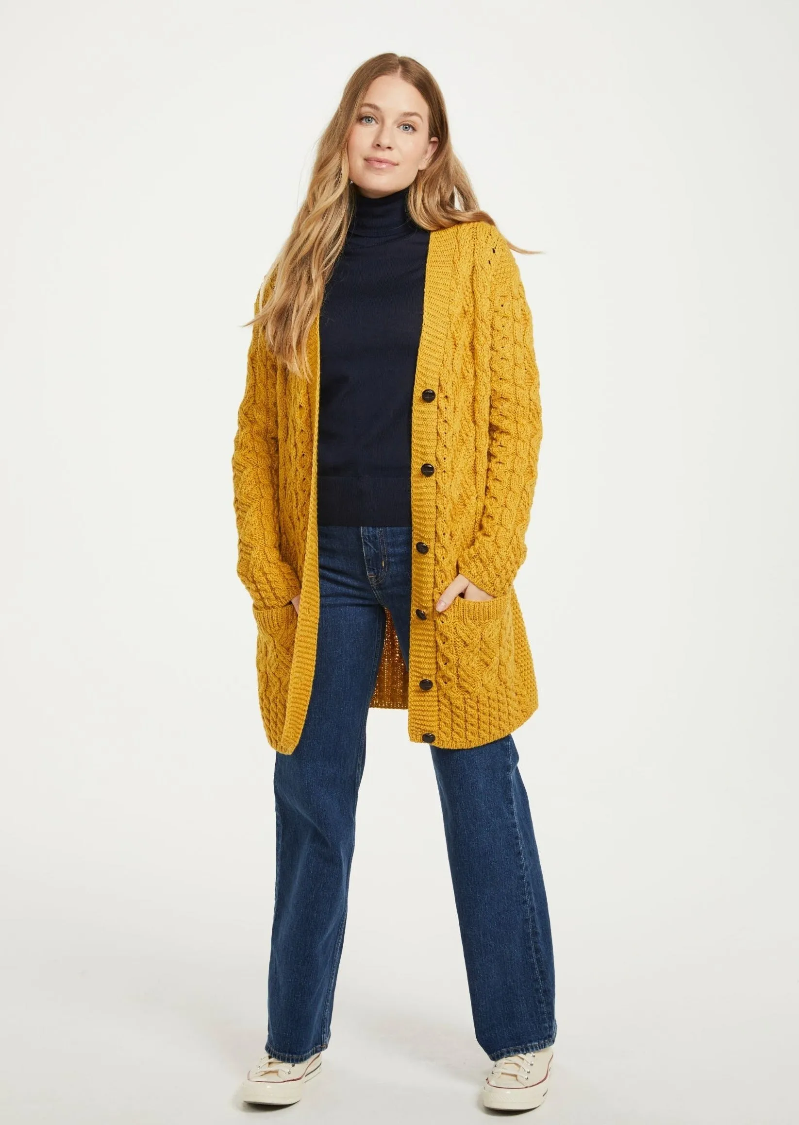 Glebe Aran Long Line Cardigan | Sunflower
