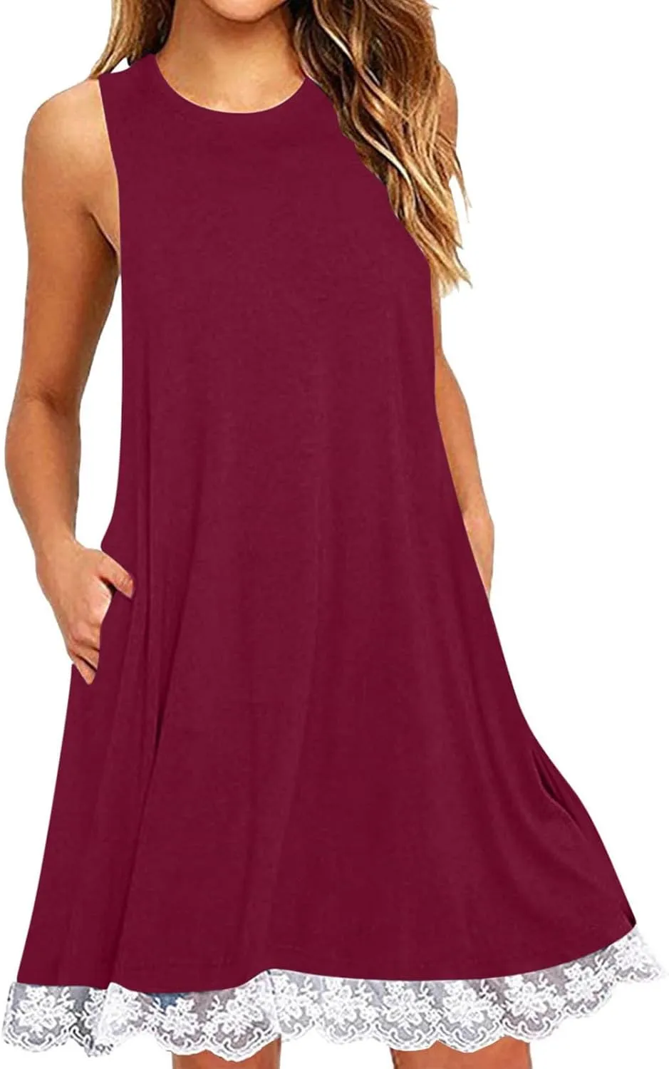 Going Out Dresses for Women 2025 Summer Sleeveless Crew Neck Mini Sundress Casual Lace Hem Beach Dress with Pockets